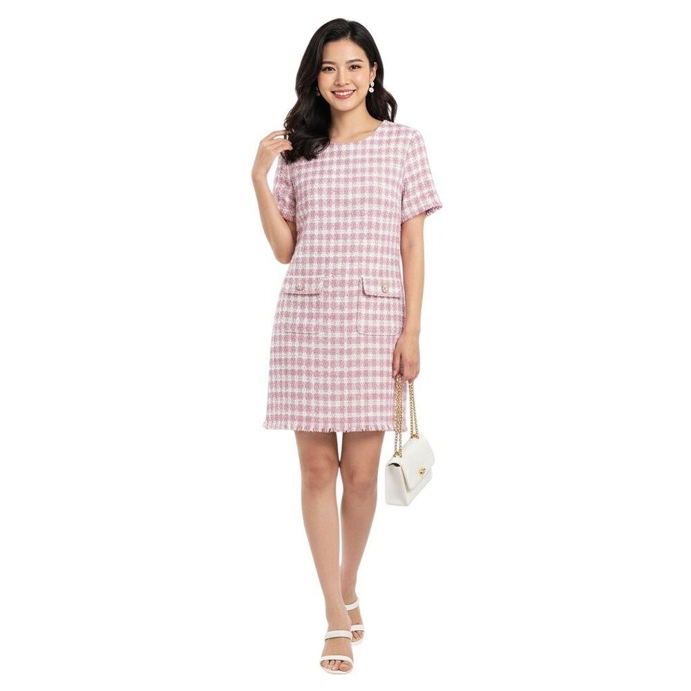 Bebop Pink Gingham Tweed Sheath Dress Raw Hem Pearl Button Detail Size M